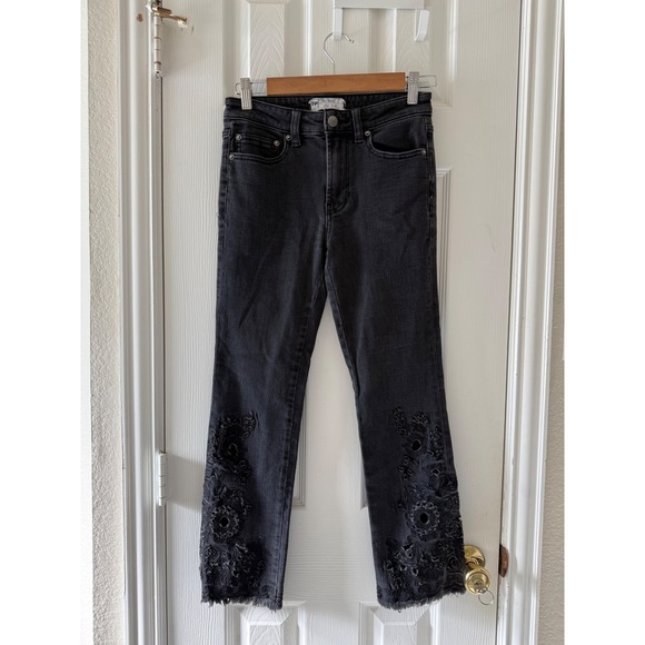 Free People Denim - Free People Embroidered Ankle Cutout Skinny Jeans Black Size‎ 25